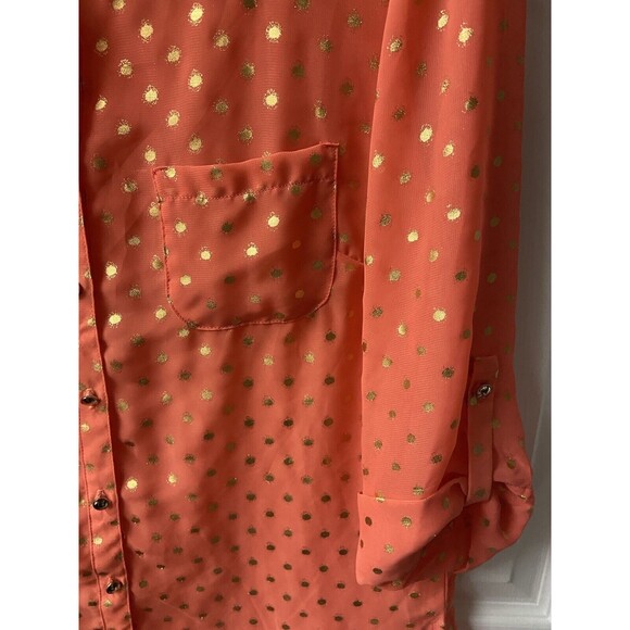 New Directions Blouse Button Roll Tab Sleeve Womens Med Orange Gold Dot Pockets - Picture 5 of 6